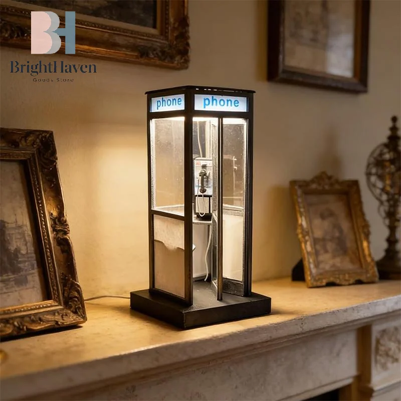 Retro Vintage Tall Phonebooth Lamp, Classic Telephone Booth Table Lamp With Warm LED Light, Phone Box Decorative Night Light B.H view 5
