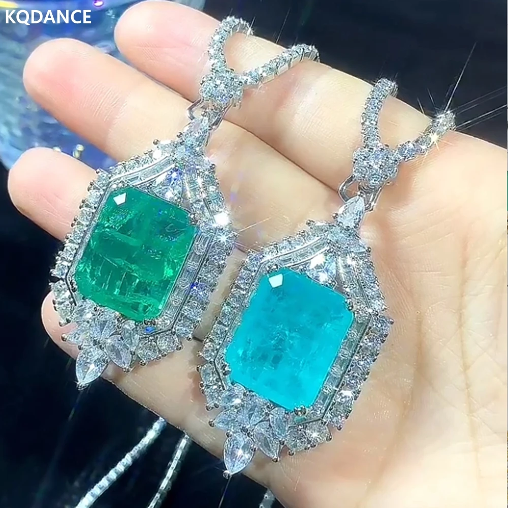 KQDANCE Lab Emerald Paraiba Tourmaline Gemstones Pendant All-matching Tennis Chain Necklaces with Big Blue/Green Stone Jewelry