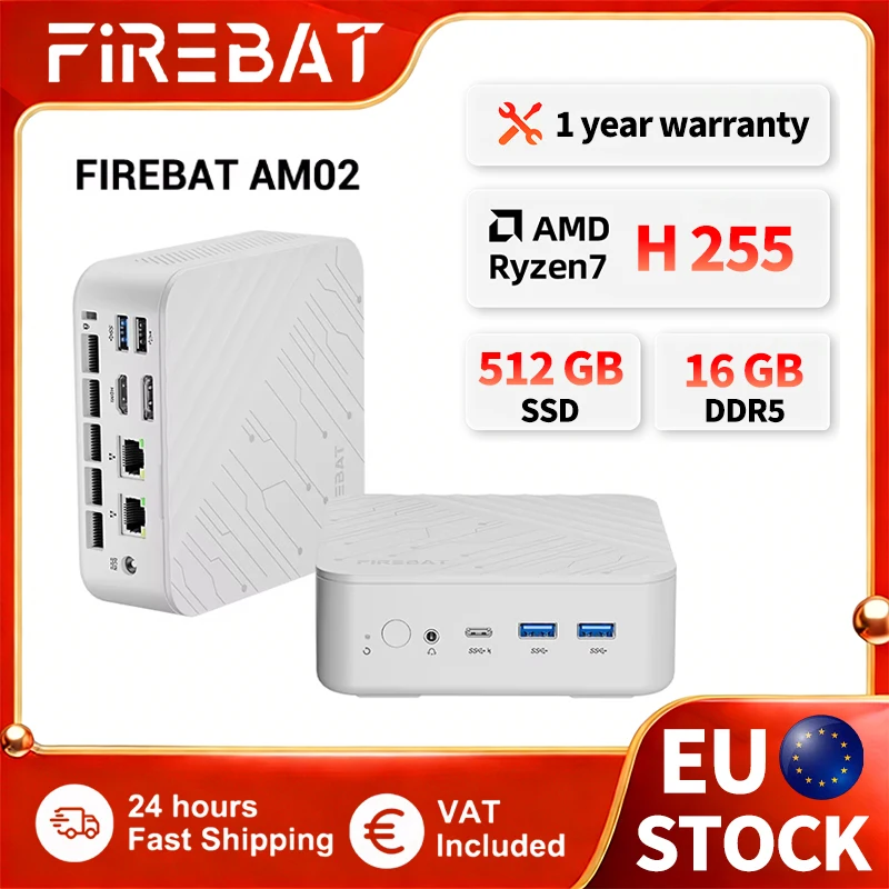 FIREBAT AM02 Mini PC AMD Ryzen7 H255 16GB DDR5 RAM M.2 PCIe 512GB SSD i bez pamięci RAM, bez dysku SSD, WiFi6 BT5.2 1000M LAN Type-C Windows11 4A1C Dual RJ45 3*4K Display Kompaktowy komputer do gier