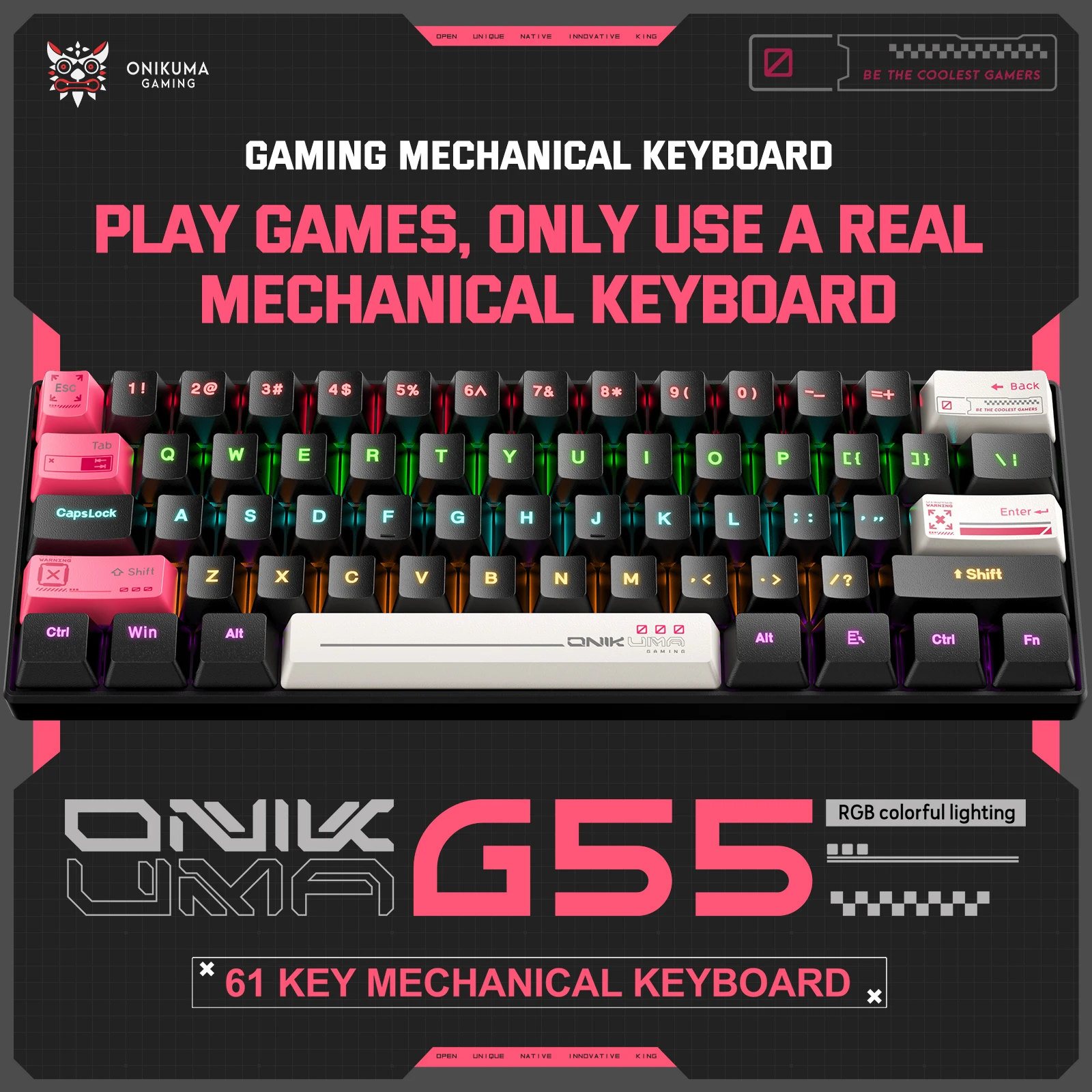 ONIKUMA  Professional Portable Wired Gaming Keyboard with RGB Backlit 61 Keys Mechanical Keyboards Matte Key Caps For PC