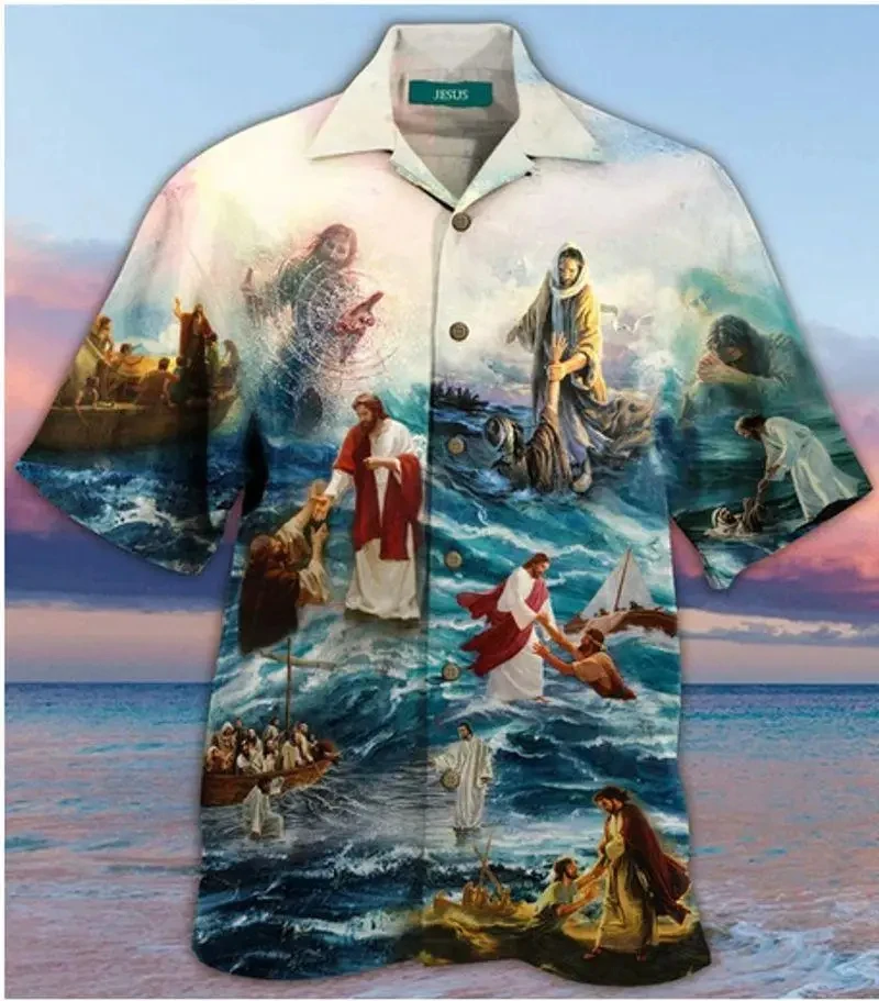 Newest Men\'s Shirts 3D Jesus Print Clothes Fashion Button Short Sleeve Lapel Streetwear Shirt For Men Hawaiian Blouse Tshirt