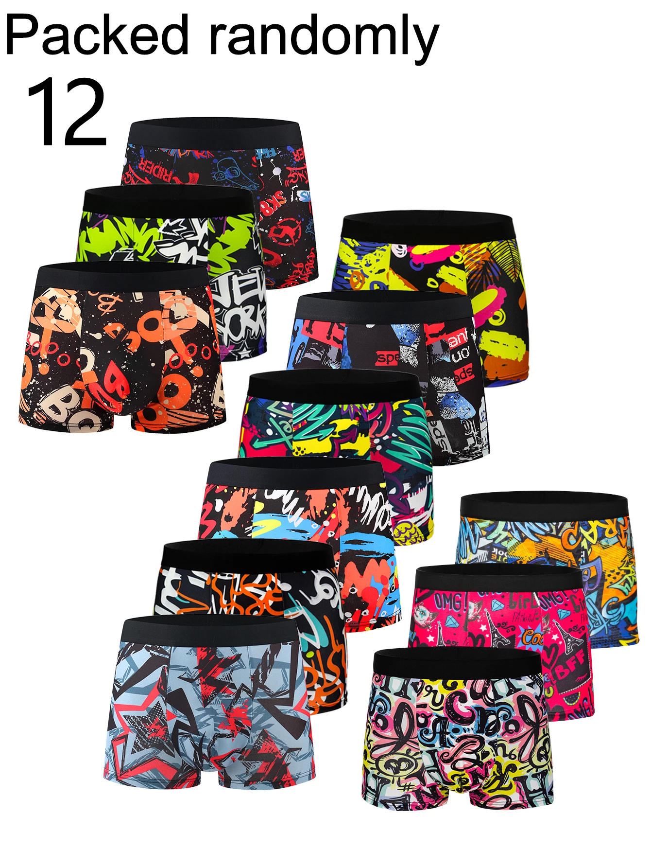 12-Pack Men's Graffiti Print Boxer Briefs Colorful Elastic Men's Underwear Random Packaged for Trendy Personal Style