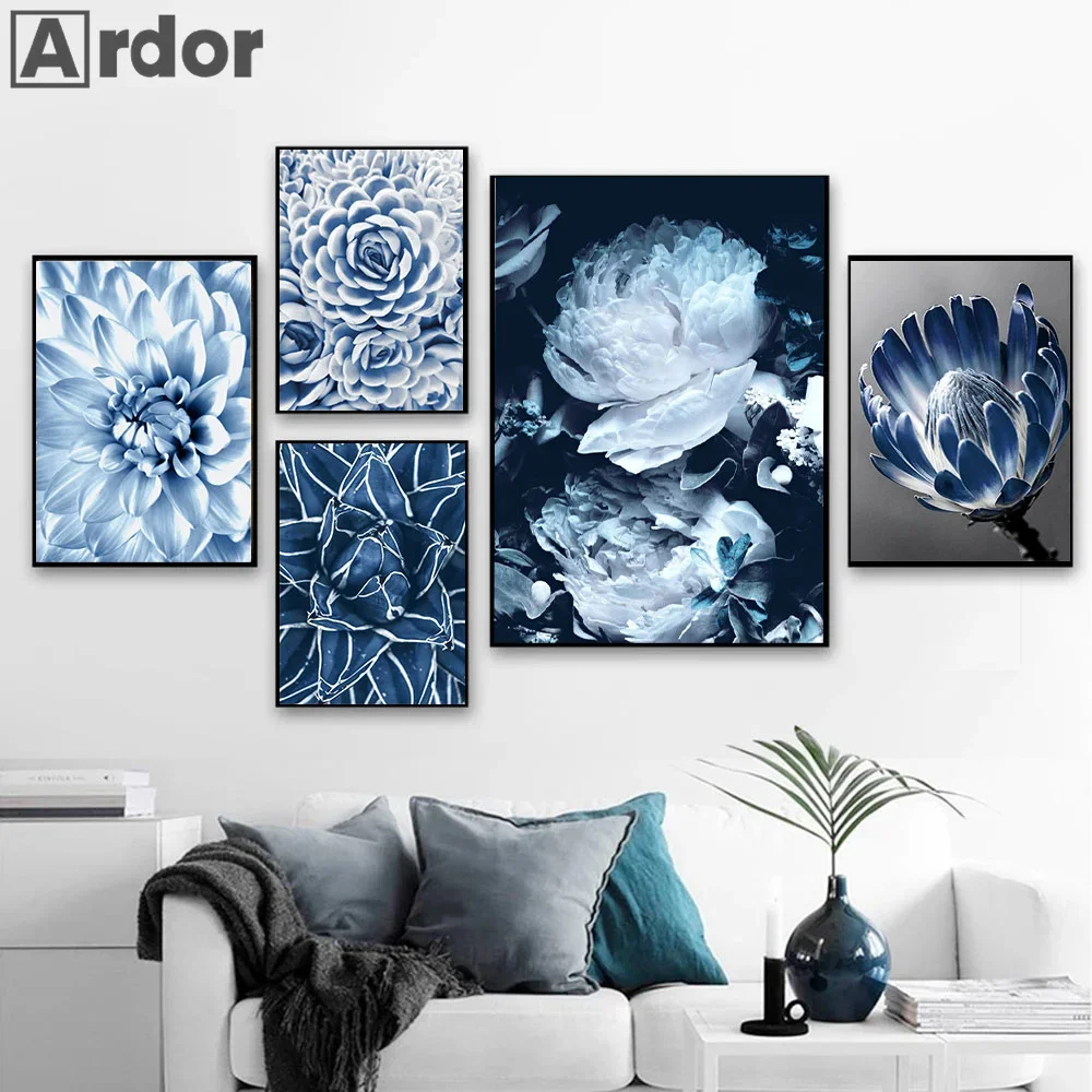 Blue Dark Navy Leaf Rose Canvas Painting Flower Dandelion Print Picture Plant Art Poster Nordic Pictures Living Room Wall Decor