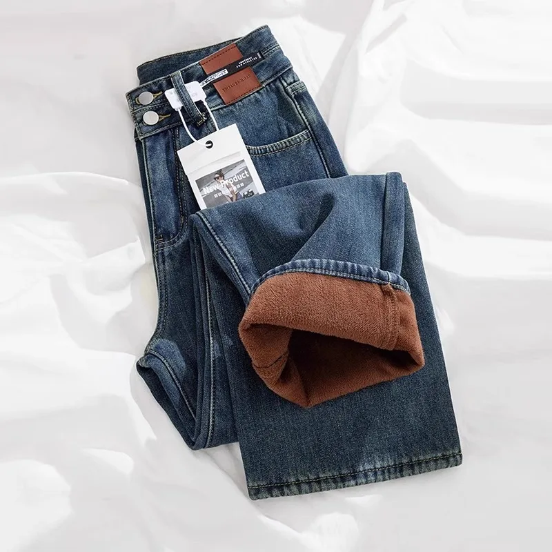 Retro Fleece Lined Straight Leg Jeans Women's Double Buckle High Waist Hip Concealing Slimming Pear Shaped Body Draping Narro...