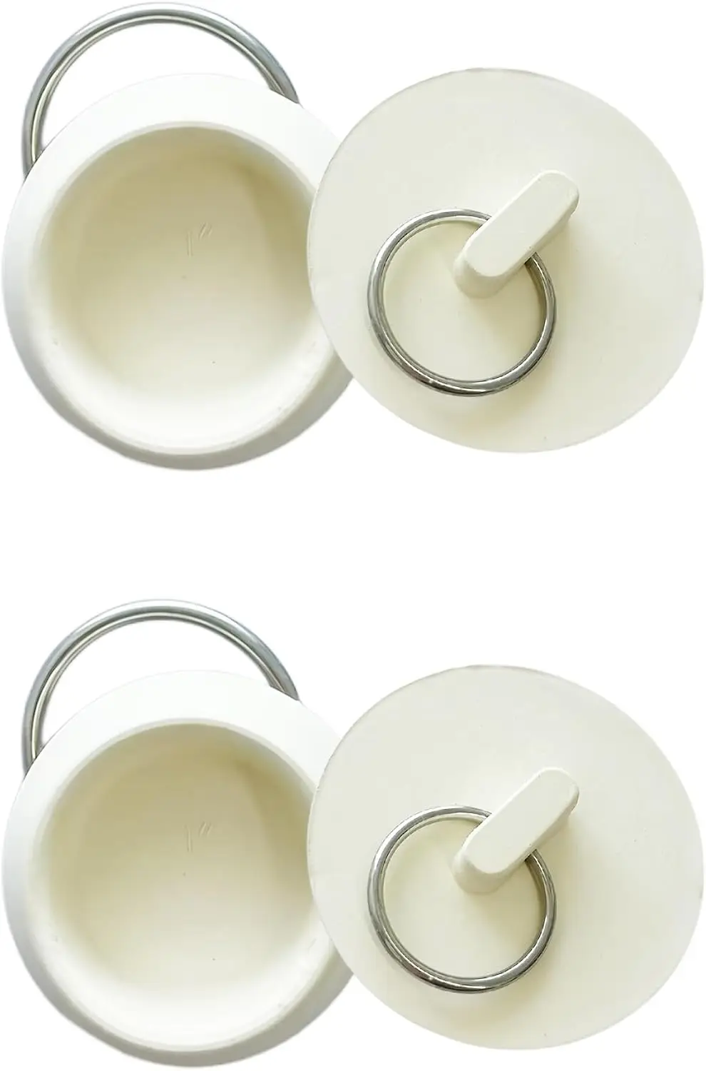 Universal White Rubber Drain Stoppers for Bathtubs and Sinks, 4-Pack, Fit Drain Openings from 1 Inch to 1-1/8 Inches, Stainless Steel Hanging Rings Included, for Kitchen and Bathroom Use