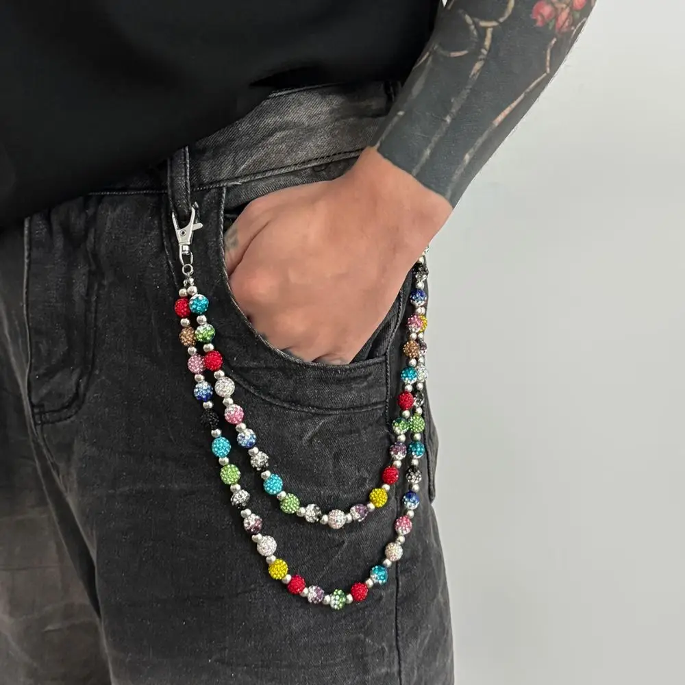 แฟชั่นกางเกงยีนส์โซ่สีสันไรน์สโตนลูกปัดเอวโซ่โลหะผสมสังกะสีกอธิคพังก์เข็มขัดโซ่กระเป๋าโซ่ฮาราจูกุกางเกงโซ่หญิง