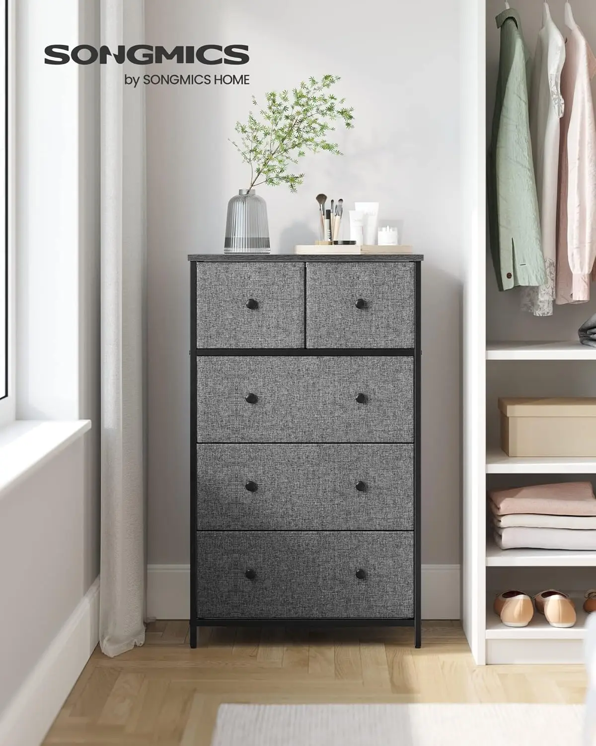 Drawer Dresser, Storage Dresser Tower with 5 Fabric Drawers, Dresser Unit, for Hallway, Gray and Black with Wood Grain