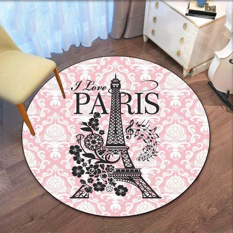 I Love Paris Eiffel Tower Floral Round Rug Flannel Romantic Travel Gift for Bedroom Bathroom France Themed Home Decoration