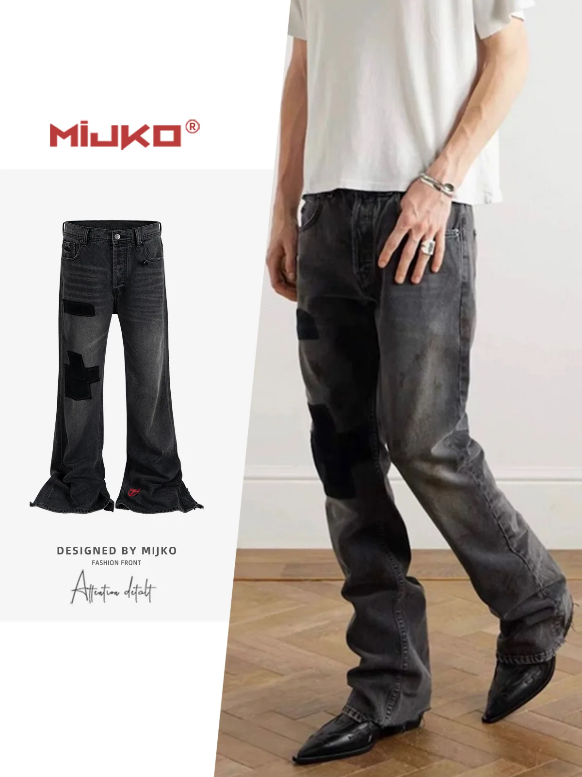 MIJKO Jeans for Men Streetwear Destroyed Patchwork Vintage Wide Leg Pants ZJ088