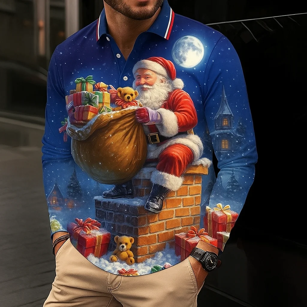 

Men's Christmas Elements Polo Shirt 3D Print Santa Clause Graphic Button Lapel Shirts Autumn Winter Family Party Long Sleeve Top