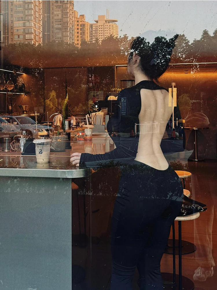 Huax sexy longo sve redondo ne apertado ajuste calças de perna larga feminino início do outono picante apertado de uma peça de cintura alta commute sle