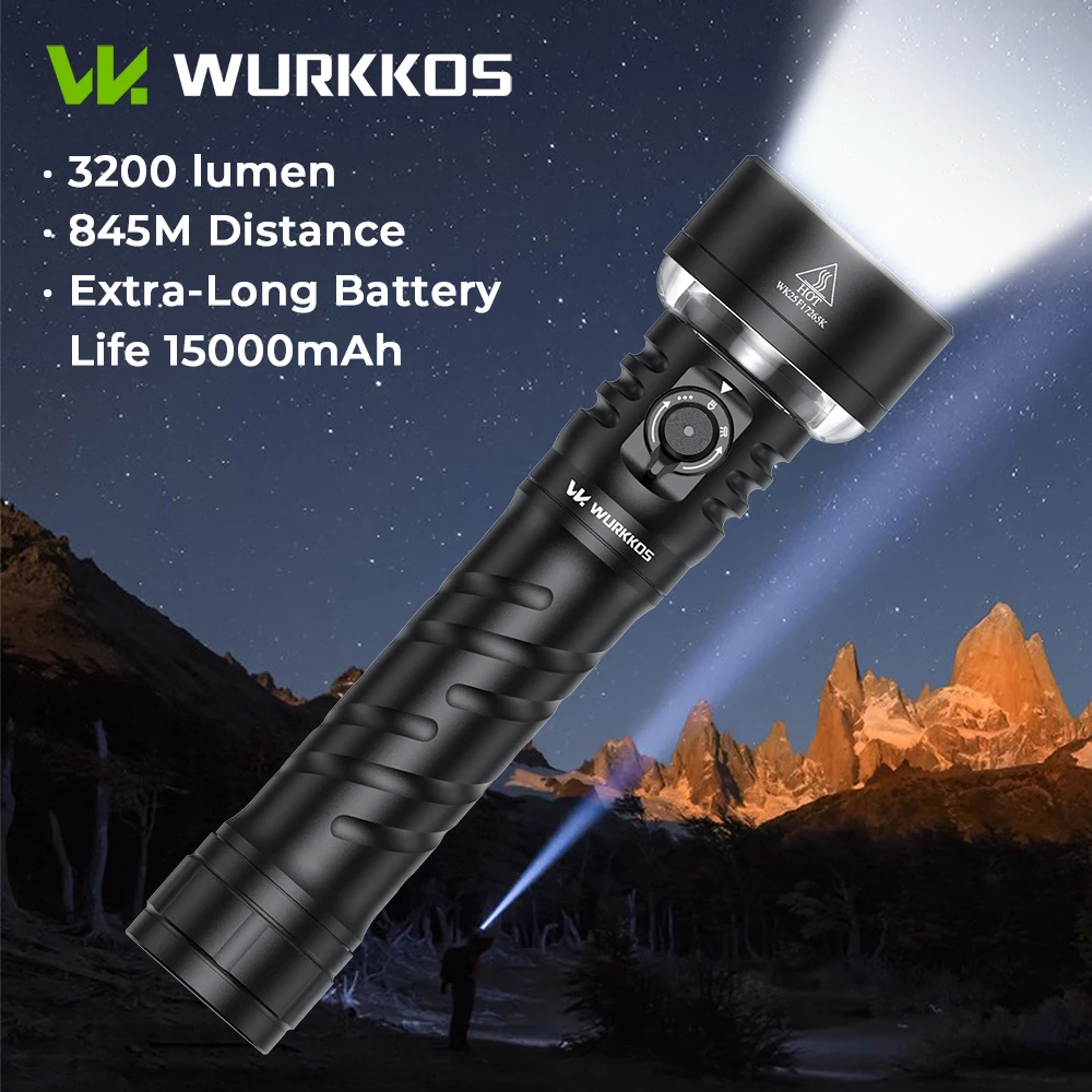 Wurkkos TS27 مصباح يدوي عالي الأداء 3200LM متعدد الوظائف قابل لإعادة الشحن مثالي للتخييم في الهواء الطلق بطارية مدمجة 15000 مللي أمبير في الساعة