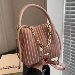 Fashion Original Design Pleated Bucket Bag Canvas Material Drawstring Type Chain Crossbody Backpack Underarm Bag Gift