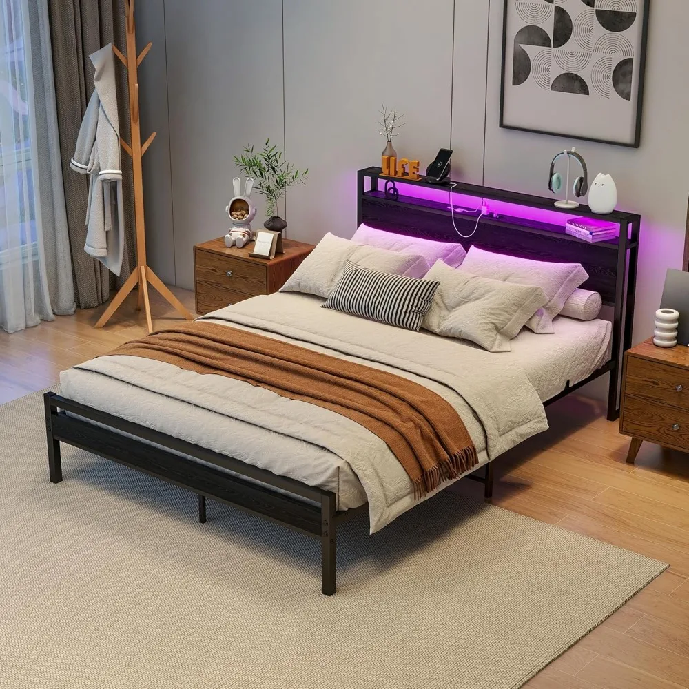 إطار سرير كوين مع لوح أمامي للتخزين/أضواء LED، منصة معدنية مع محطة شحن، لا حاجة إلى صندوق زنبركي، شرائح شديدة التحمل،