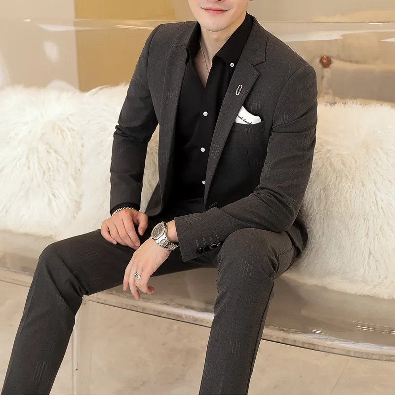 

2023 High-quality wedding suit (suit + western pants) men's new fashion business handsome broken vertical pattern two-piece set