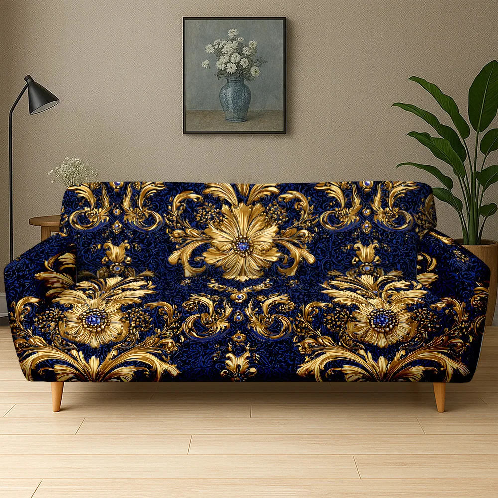 1 Stück Luxuriöser Königsblauer Goldener Barock-Blumendruck Stretch-Sofabezug, Abnehmbarer Waschbarer Couchüberwurf für Elegante Wohnraumdekoration