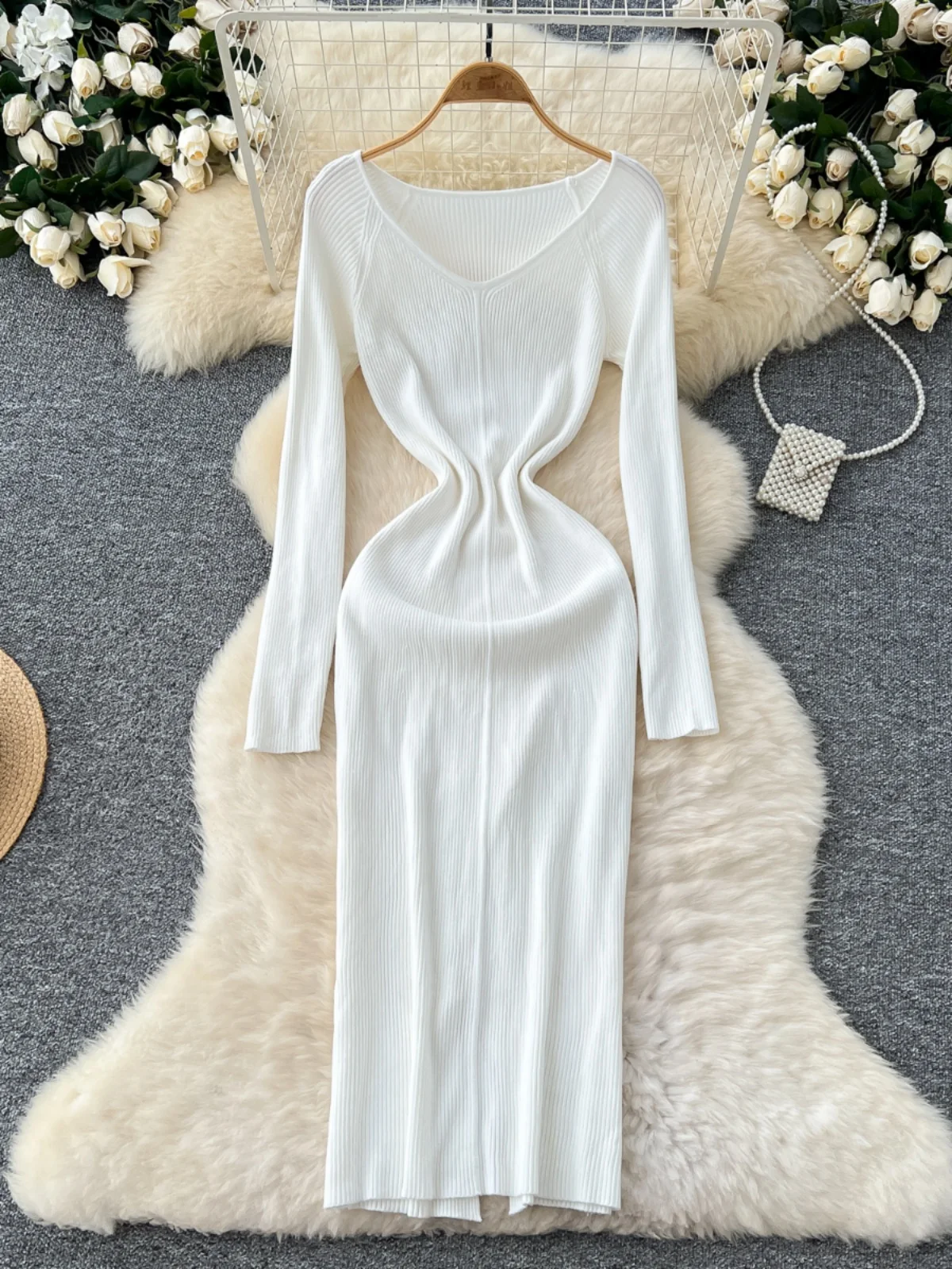 Ele Hoge Taille Gebreide Lange Sve V-Ne Dr vrouwen Slim Fit Vestido Midi Dr Koreaanse Sle Herfst Winter Faion