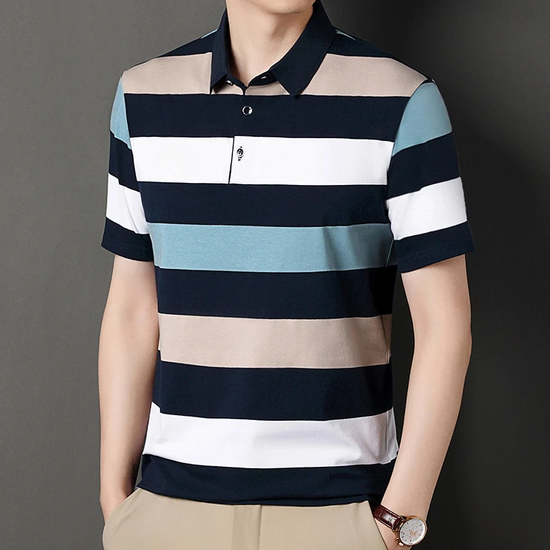 Minimalist Trendy Summer Men\'s Turn Down Collar Striped Button Contrast Color Fashion Casual Short Sleeve Loose Polo Shirts Tops