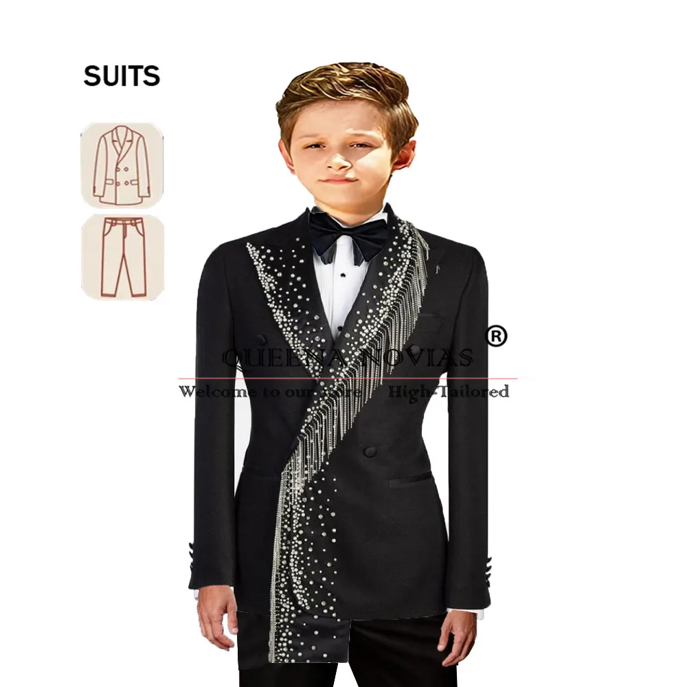 Customized Boy's Suits For Wedding Double Breasted Blazer Beads Crystals Children Formal Party Tuxedos traje para niños elegante