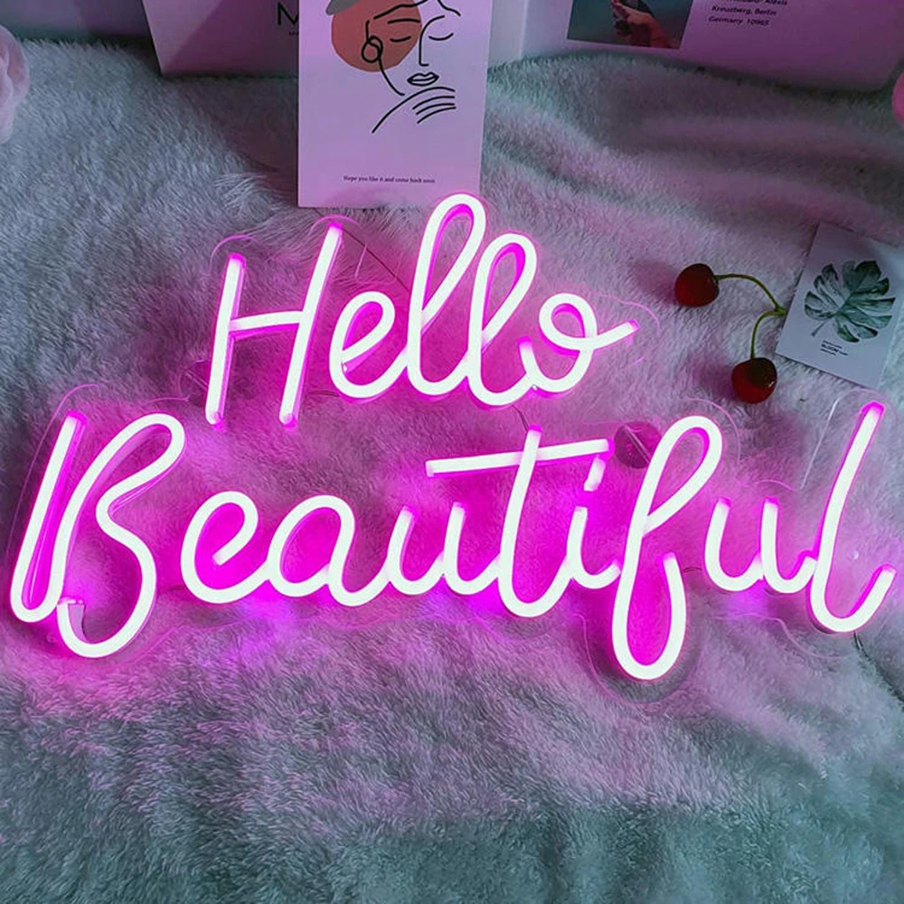 Aangepaste Hallo Mooie Neon Teken Gepersonaliseerde Citaat Led Bord Kinderkamer Decoratie Aangepaste Led Licht Huis Kamer Muur Slaapkamer Decor