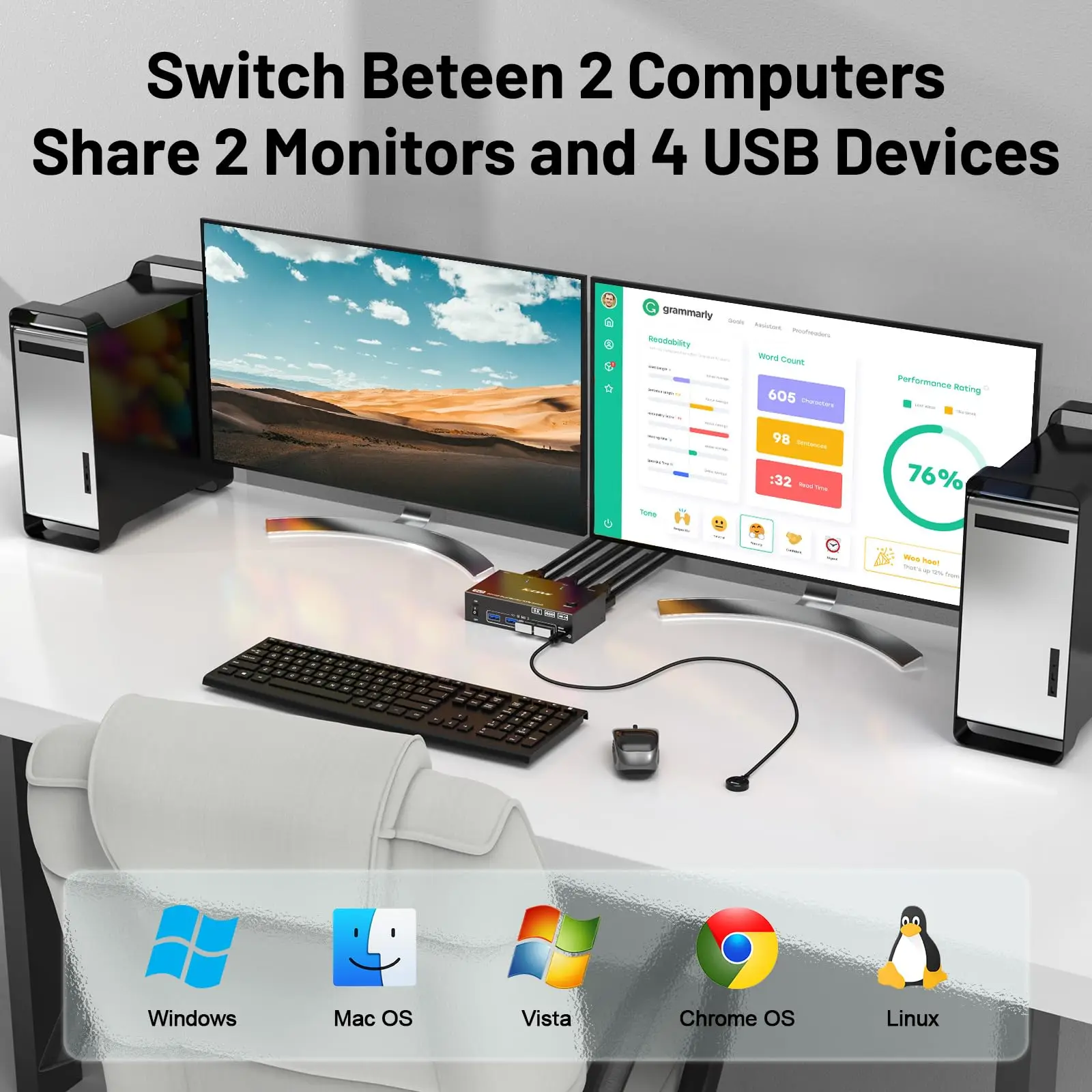 4K@144Hz KVM Switch 2 Monitors 2 Computers 8K@60Hz,HDMI +Displayport Dual Monitor with 4 USB 3.0 Port for Keyboard Mouse Printer