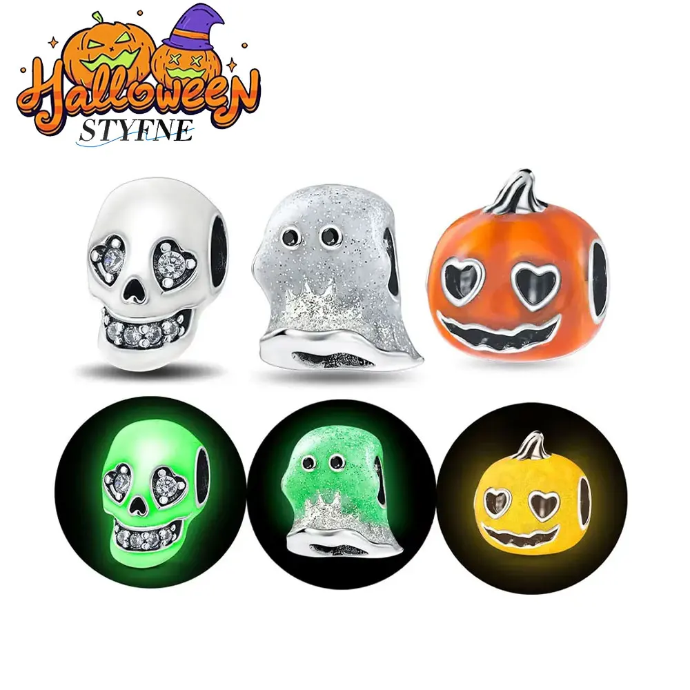 Fit Original Charm Bracelets Halloween Glow in The Dark Boo Ghost Spooky Pumpkin Skull Charms Jewelry 925 Sterling Silver