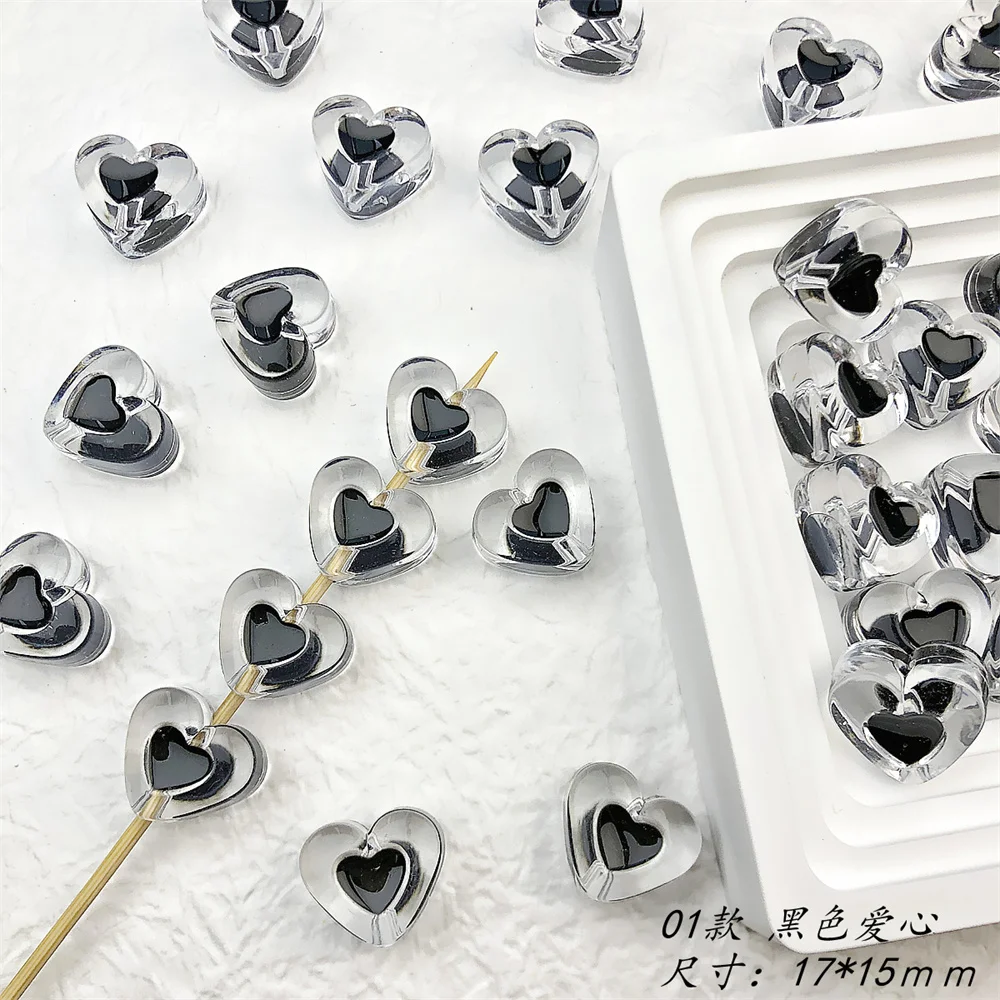 TX86 Transparent Black White Heart Cool Acrylic Three-Dimensional Beaded Bracelet Mobile Phone Chain DIY Material Accessories