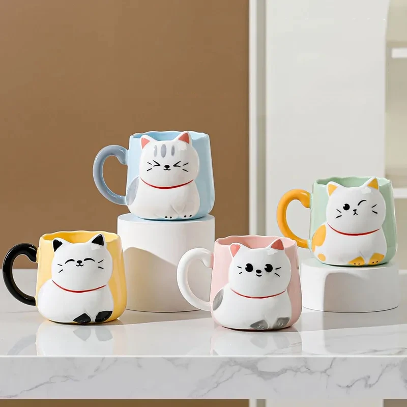 Cartoon 3D Embossed Ceramic Cup Cute Cat Coffee Milk Tea Breakfast Handle Cup Tableware Novelty Gift Home 500ml Mug