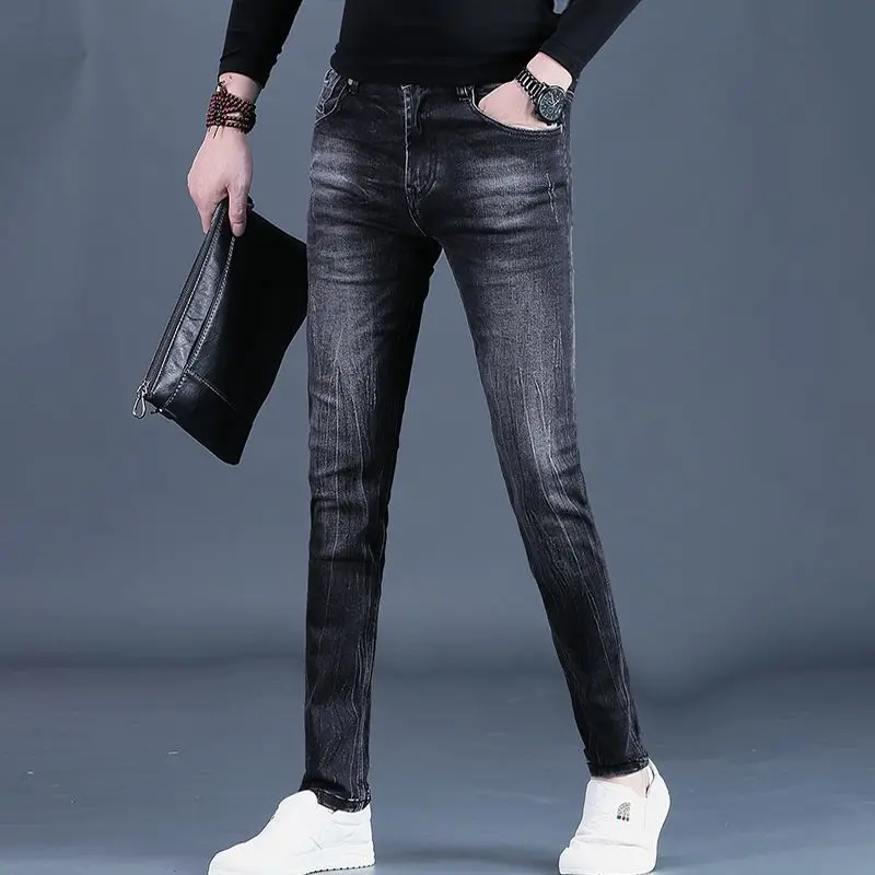 Jeans Men's 2026 Spring Summer New Men's Trend Slim Fashion Casual Trendy Brand Elastic Thick Black Menswear Clothing Trousers