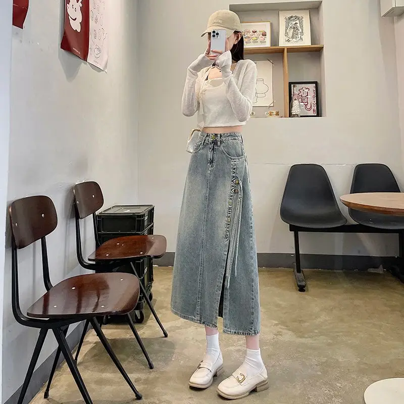 New Chinese Style Denim Skirt for Women Trendy and Versatile High Waist Medium Length Chinese Style A-line Split Hip Skirt