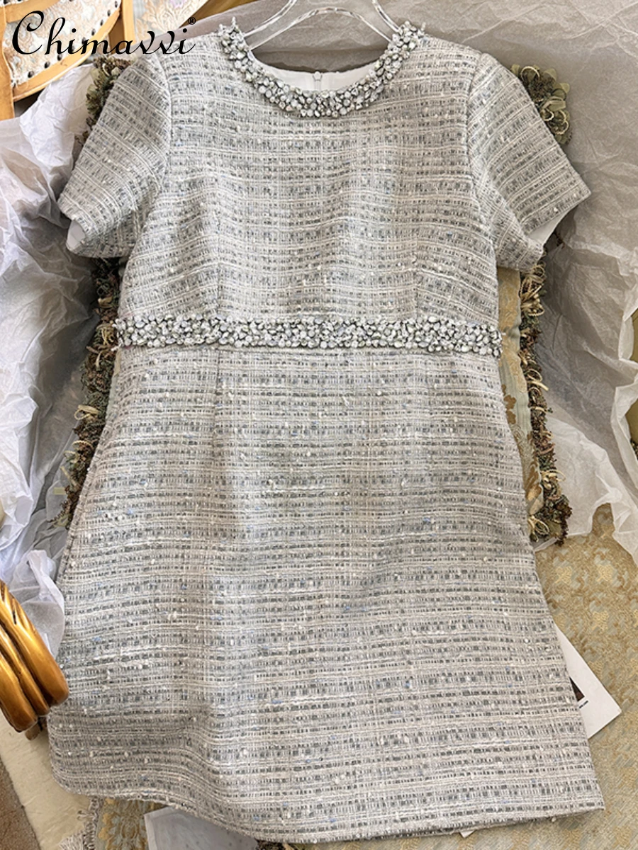 

2024 Autumn New Fashion Round Neck Short Sleeve Ladies Dress French Heavy Rhinestone Tweed Temperament Party Dress for Women