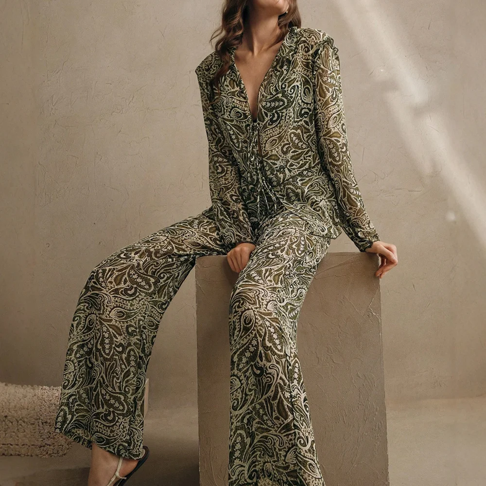 

Mia Muse Select Autumn Sets 2025 Women's Fashion Full Print Lace-Up Long Sleeve V-Neck Tank Elastic Waist Pant Basic Sets