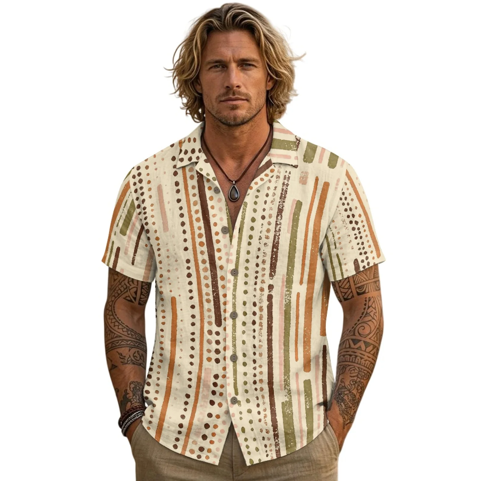PENSTROLL Lapel Collar Linen Style Men's Short Sleeve Top Single Breasted Summer Breathable Tops for Travel Neutral Striped