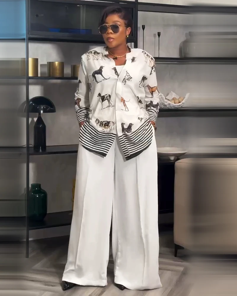 Fashion Women New Two Piece Sets Elegant Summer Floral Print Lapel Single Breasted Tops Wide Leg Pants Outfits Casual Streetwear