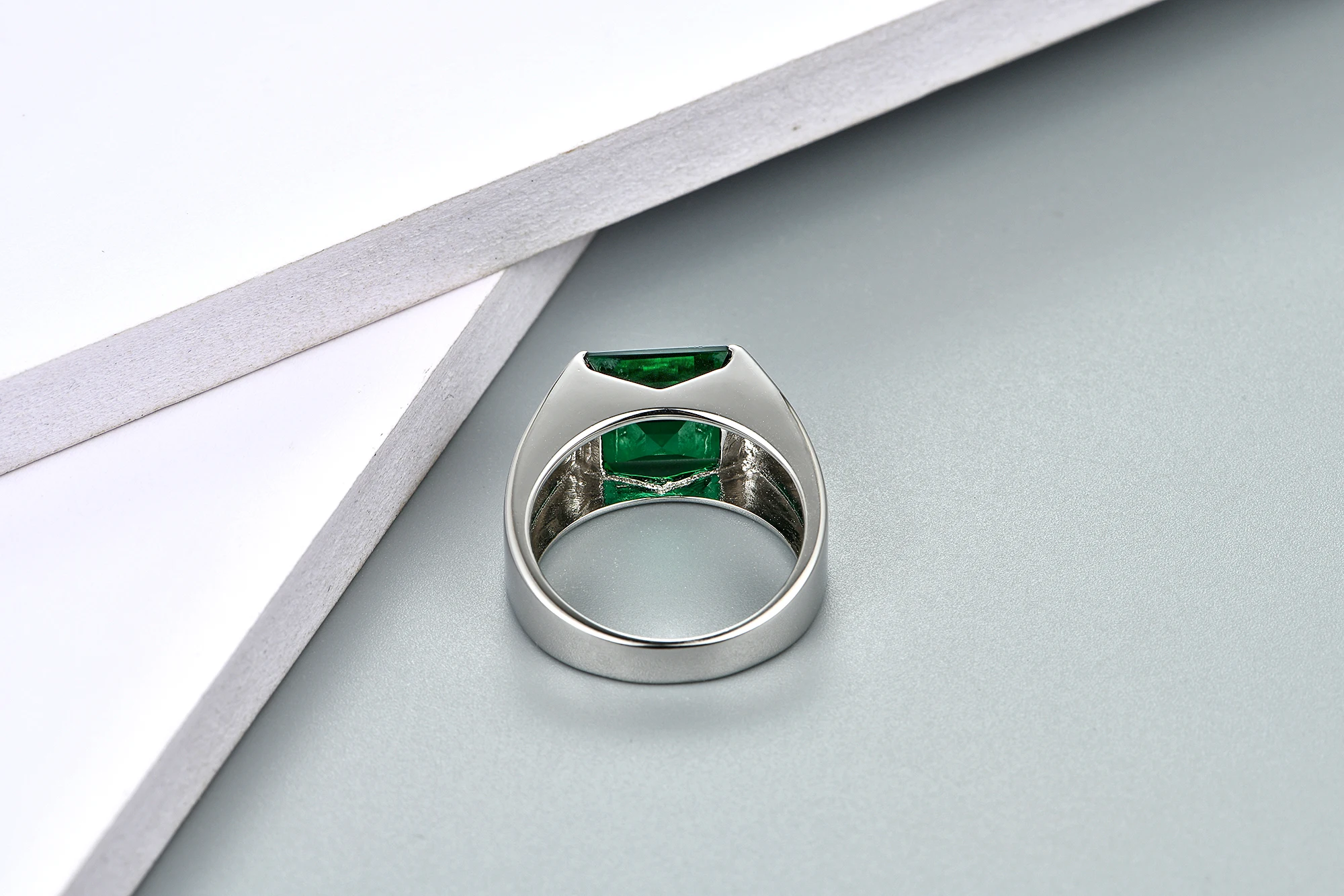 Men's S925 Silver Created Emerald Square Ring