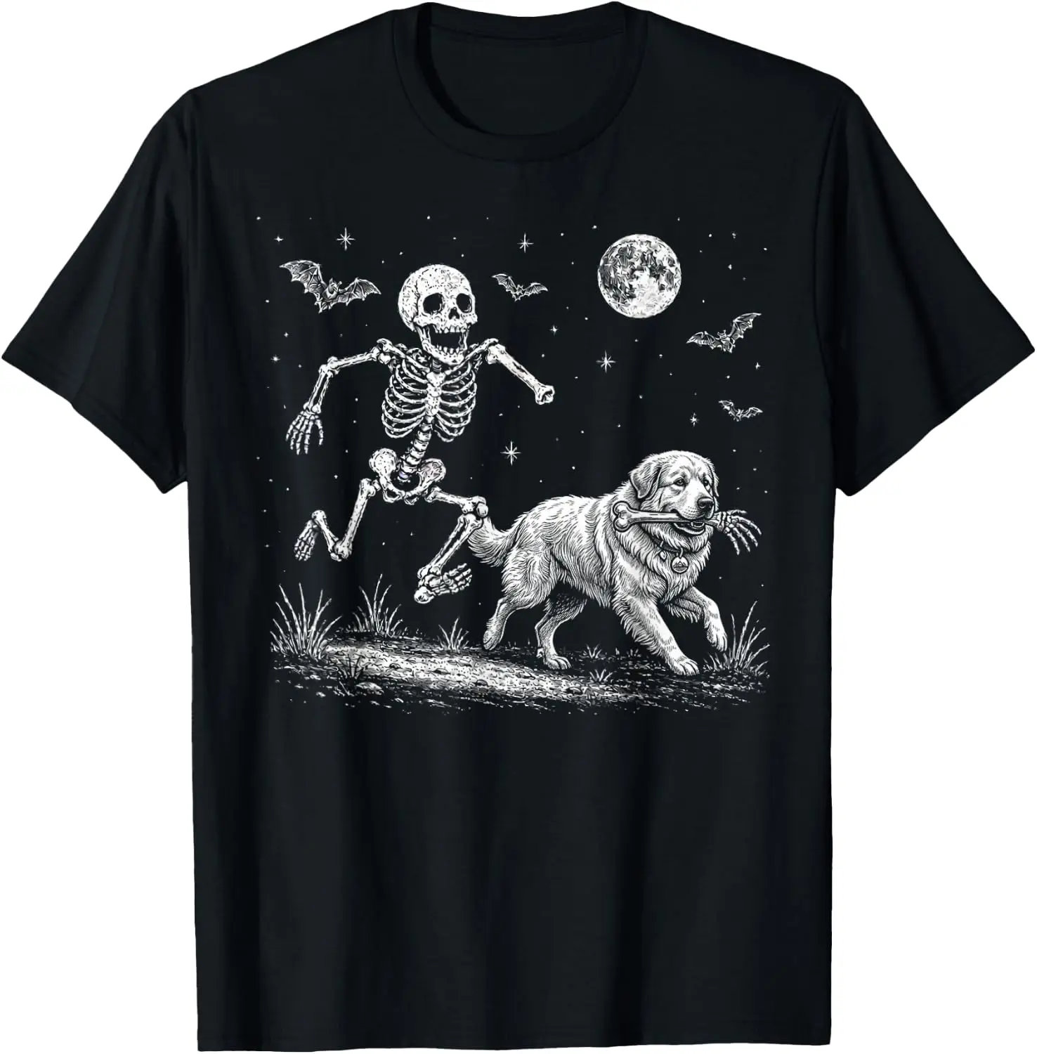 Funny Skeleton Chasing Great Pyrenees Halloween Dog Mom Pet T-Shirt Men Women Unisex Novelty Graphic T‑Shirt, Classic Crew Neck 100% Cotton Tee, Lightweight Anti‑Pilling Breathable Casual Tops, Year‑Round Daily Outfit, Holiday Birthday Present Tee