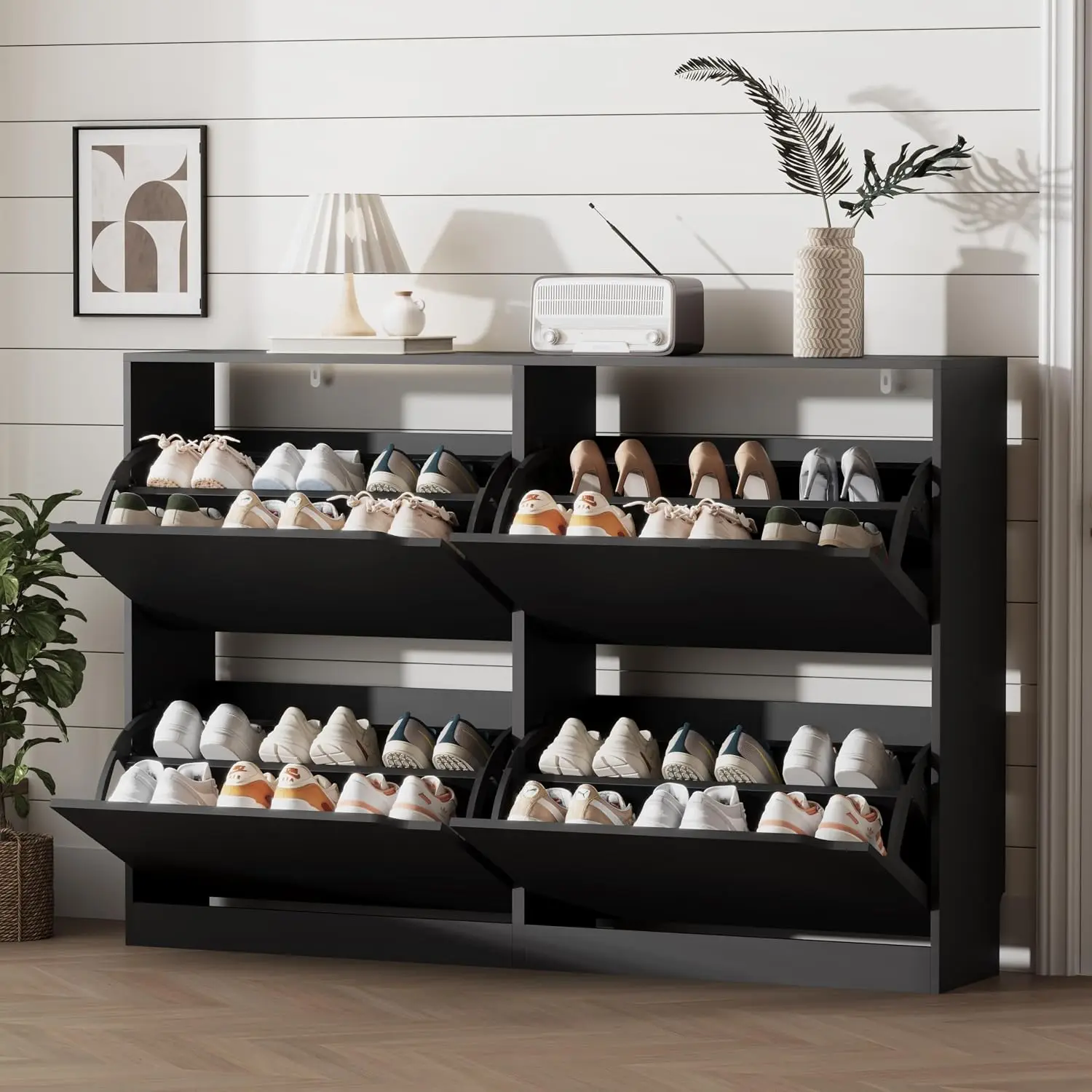 Wood Shoe Storage Cabinet with 4 Flip Drawers, Hidden Slim Organizer for Entryway Hallway Bedroom, Black, Customized