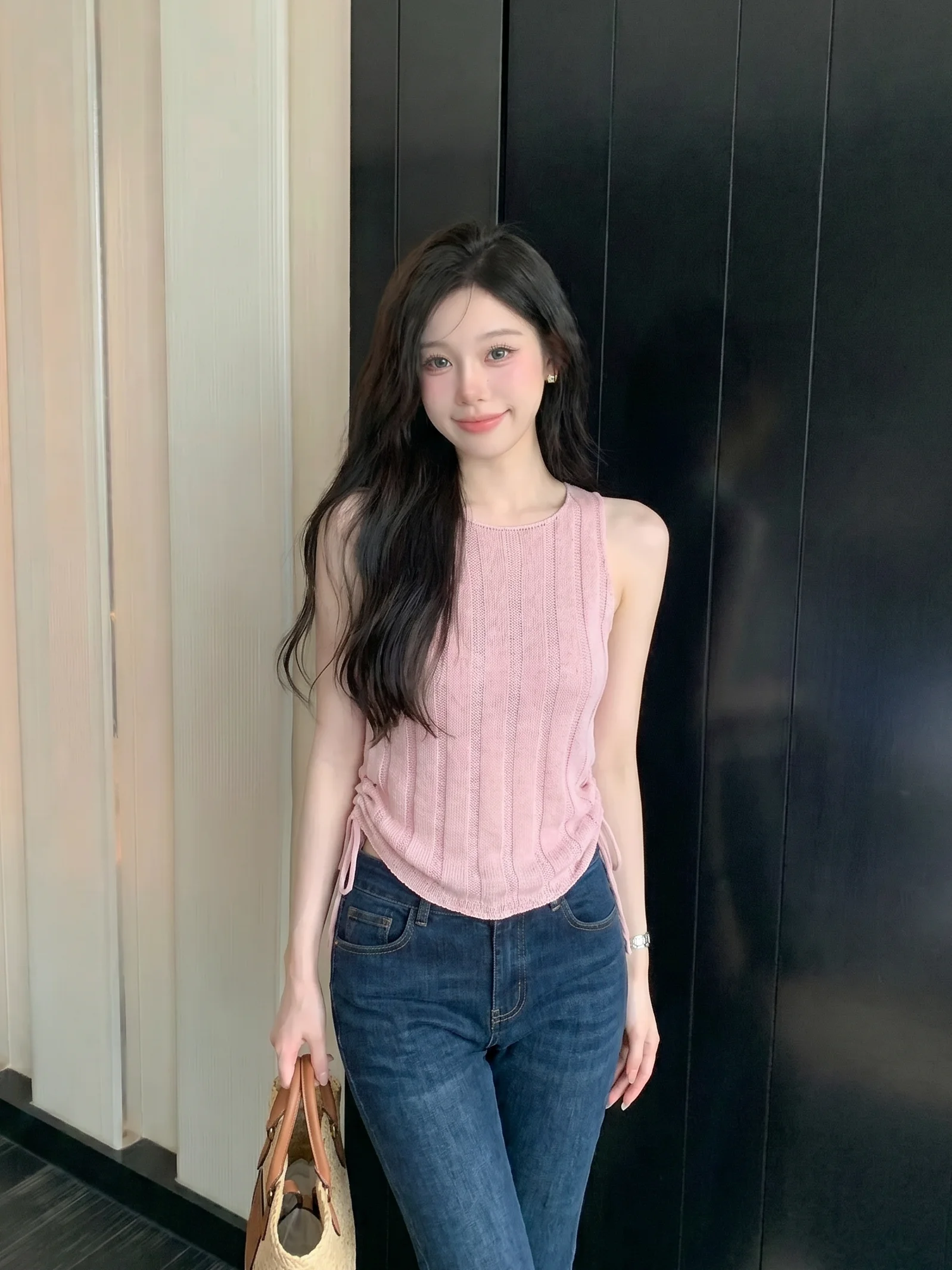Retro round Neck Knitted Vest Women's Summer Thin Sleeveless Drawstring Slimming Versatile Outerwear Top Soft Breathable