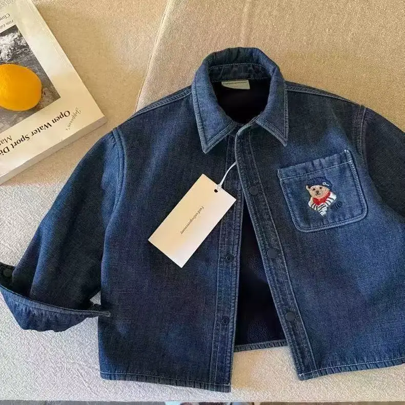 2026 New Autumn and Winter Denim Single Breasted Fleece Jacket Baby Boy One-piece Fleece Shirt Warm and Thick Jacket 2-10Yrs