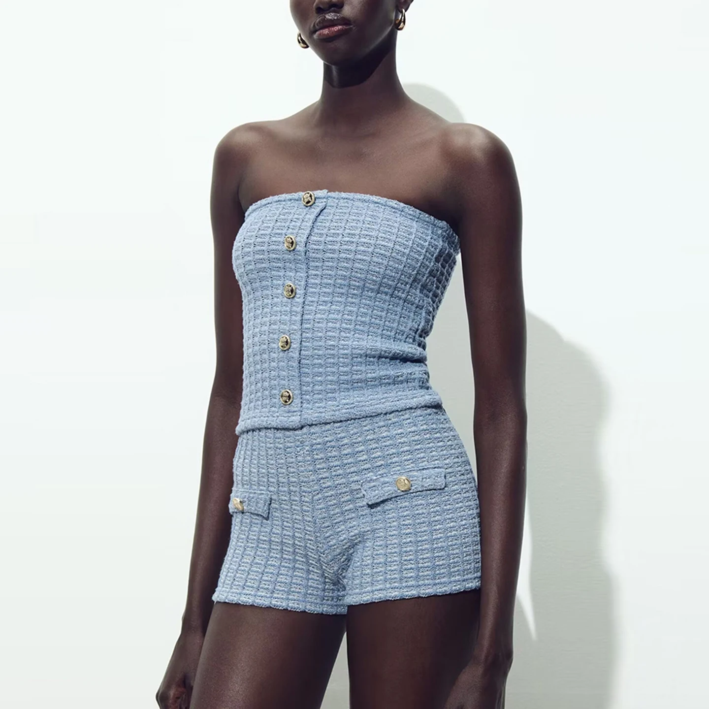 

Z Women's 2025 New Elastic Knitted Tube Top Set ort Sve round Ne Button Sle Faionable Two-Piece Suit