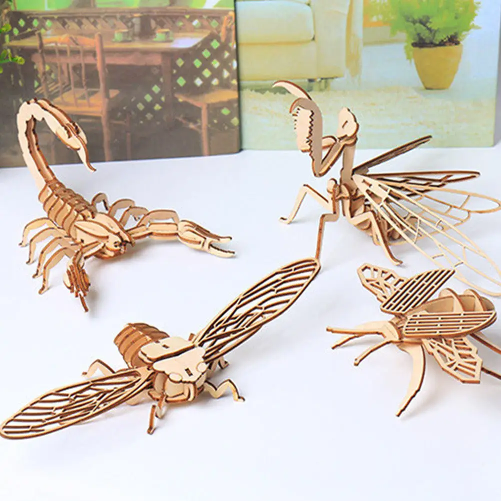 

6Pcs 3D Wooden Puzzle Insect Shapes Natural Wood Material Educational Assembly Developing Imagination Patience