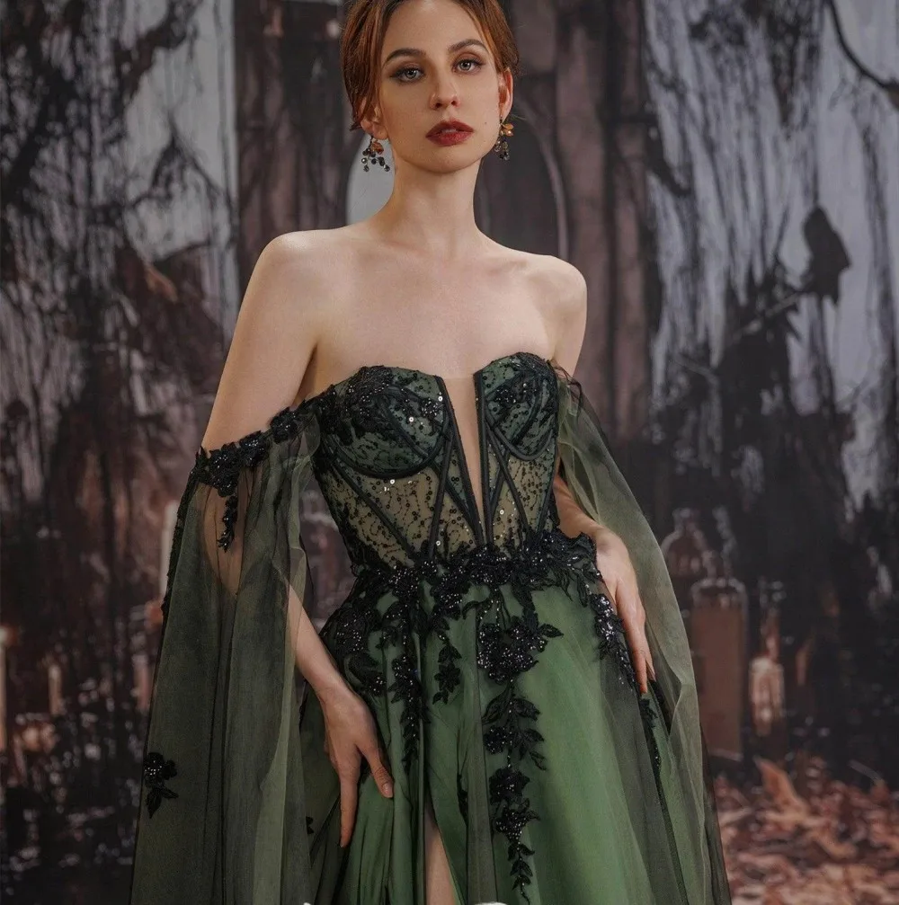 Luxo caçador greem noite vestido formal fora do ombro rendas apliques tule longo baile de formatura pageant vestidos de festa robe de soiree