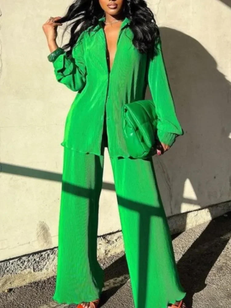 

New Women Fashion Shirt Sets Long Sleeve Button Top + Wide Leg Pants Loose Suit Spring Autumn Solid Pleated Two Piece Set