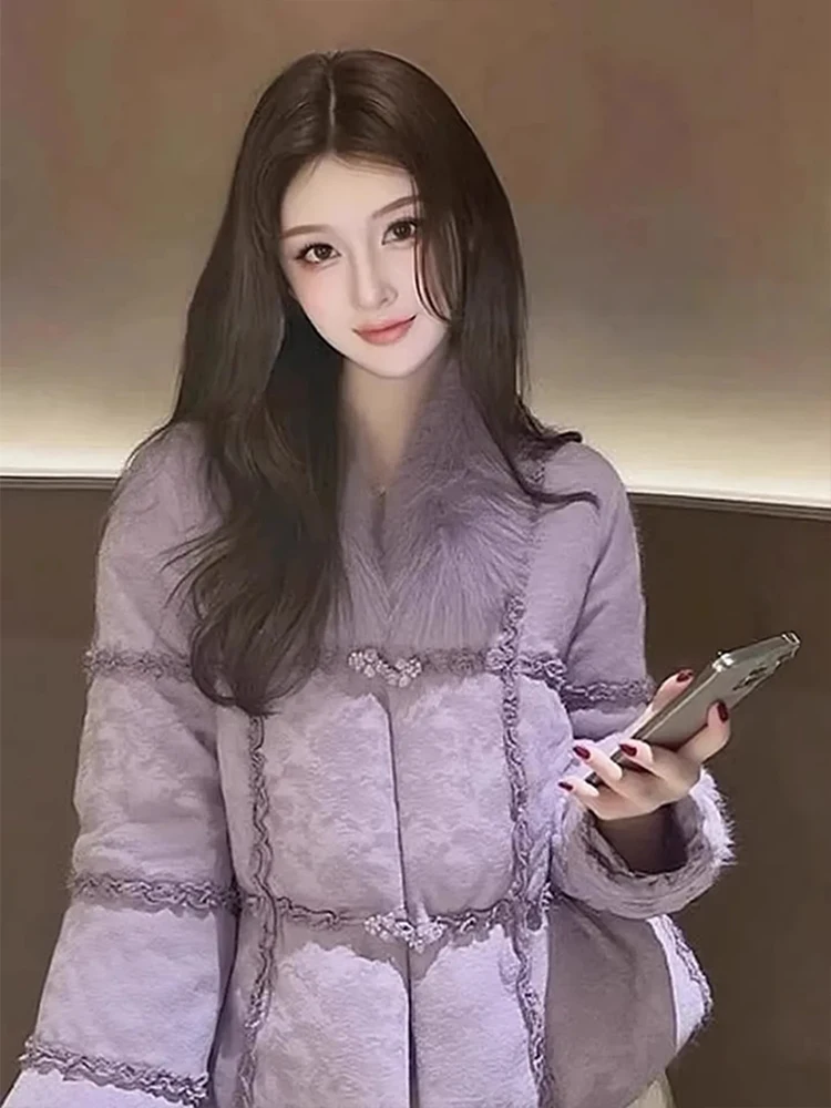 

Trendy Korean Style Loose Fit Purple Cotton Jacket Women's Outerwear Comfortable Warm Polyester Fabric round Neck Short Coat