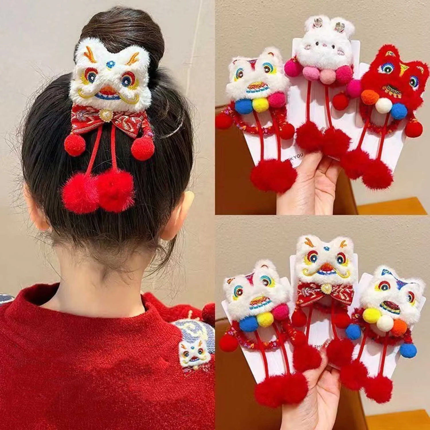 Girls Plush Embroidery Children Red Hairpin Tassel Lion Dance Ancient Style Hair Clip Hair Accessories New Year 2024