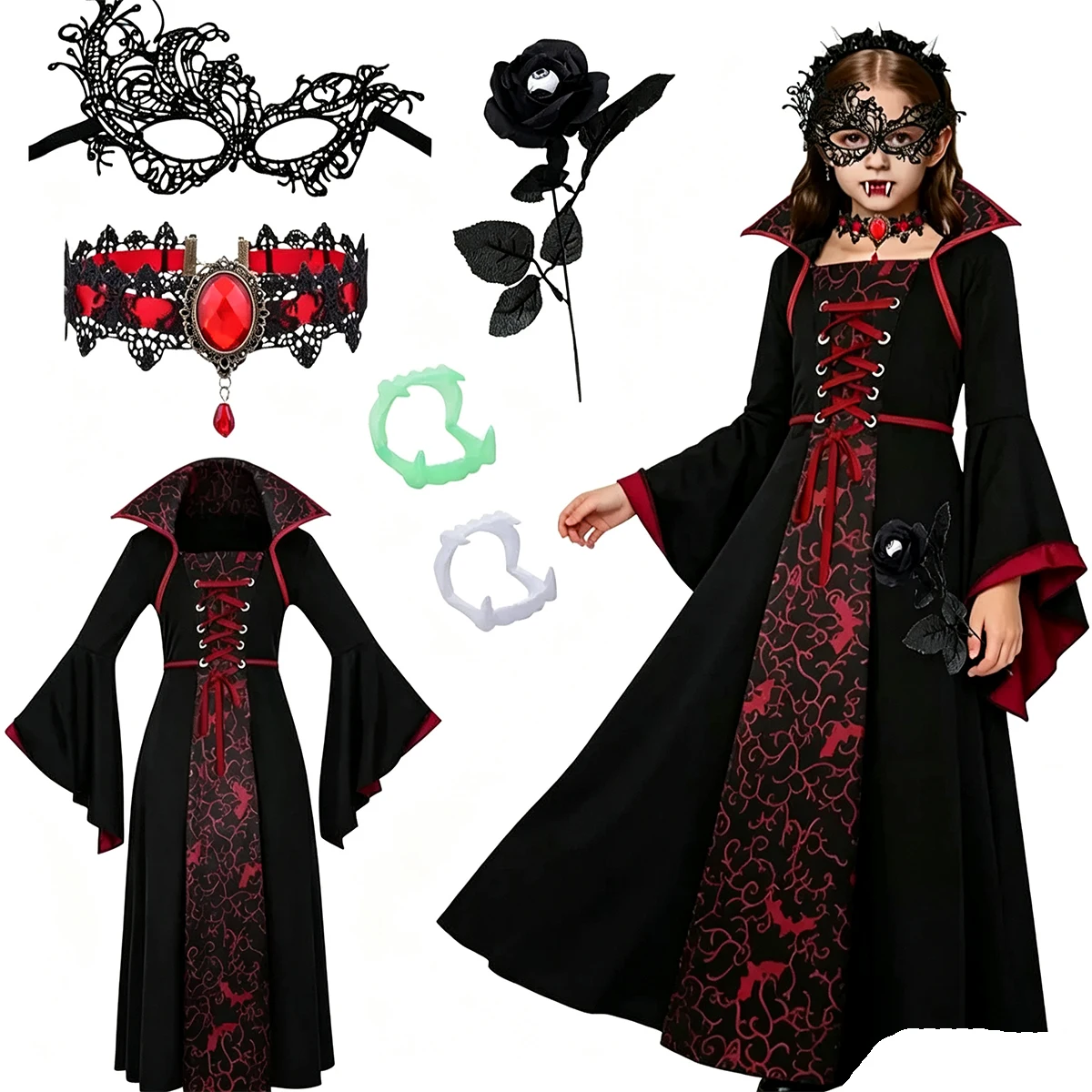 Girls Vampire Witch Dress Gothic Cosplay VampireHalloween Costume Vampiran Carnival Outfit Clothes
