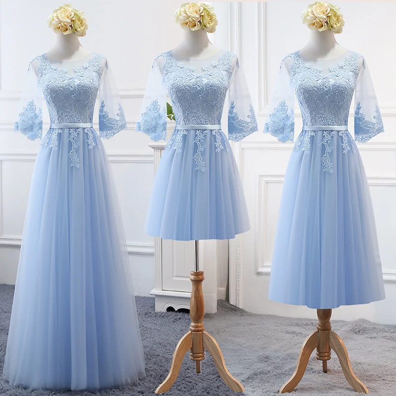 

Robe de soiree Scoop Neck Embroidered Sky Blue Marriage Sister Christmas Bridesmaid Dresses Long Lace up Middle sleeve Dress