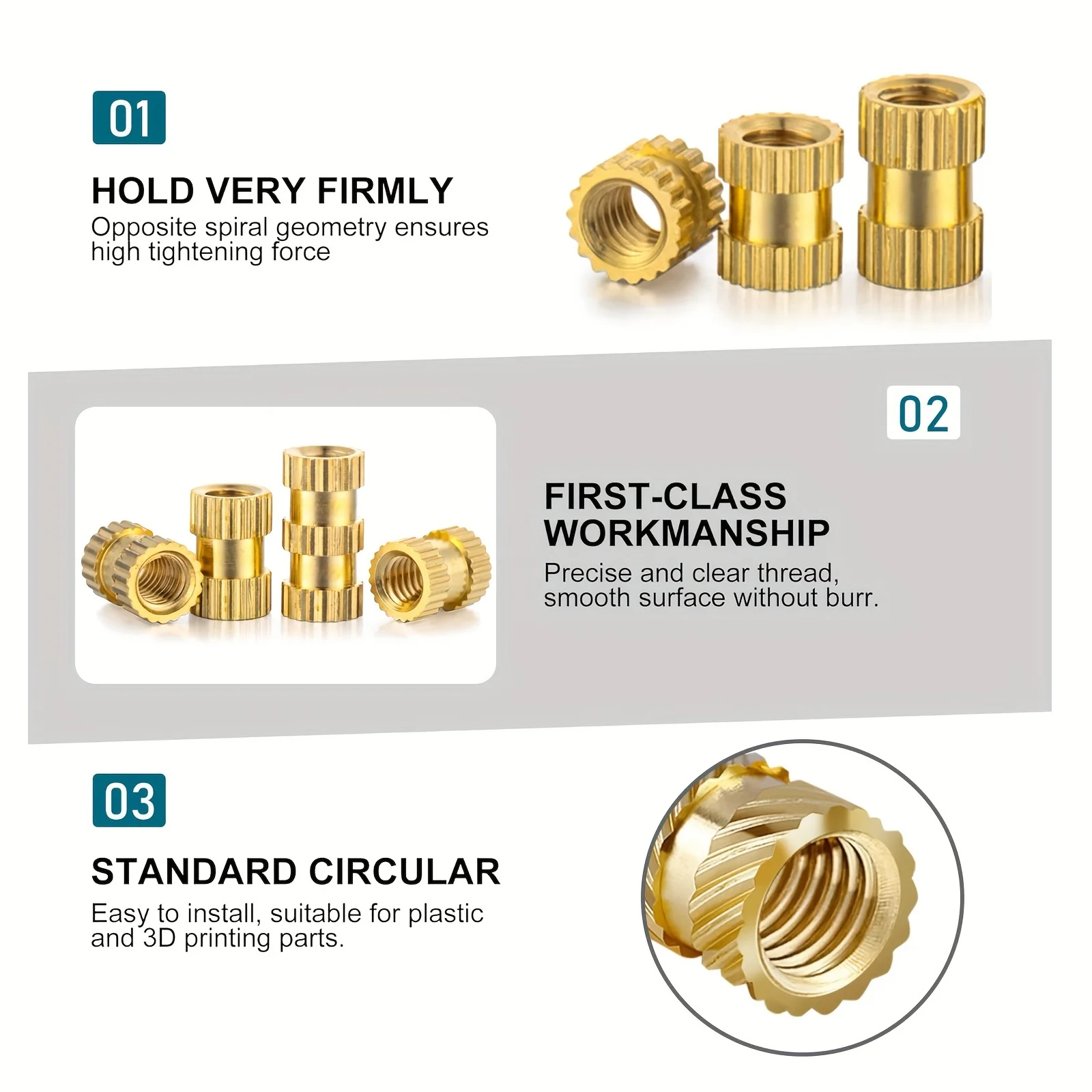 100-Piece Threaded Insert Kit M2 M3 M4 M5 M6 Metric Threaded Brass Heat-Cured Inserts for Plastic And 3D Printed Components