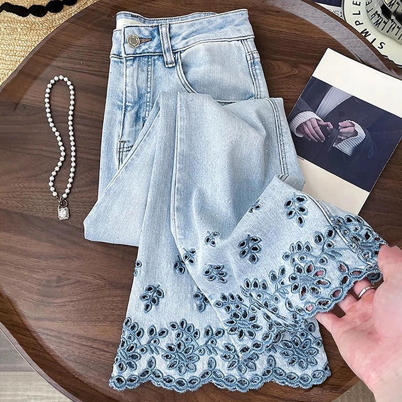 

Fashion Diamonds Rivet Jeans for Women Trendy Hollow Out Embroidery Flared Denim Pants Ankle-length Blue Jeans Slim Trousers