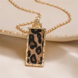 Vintage Leopard Leather Square Pendant Necklace Long Chain Tassel Drop Statement Necklaces for Women Party Jewelry